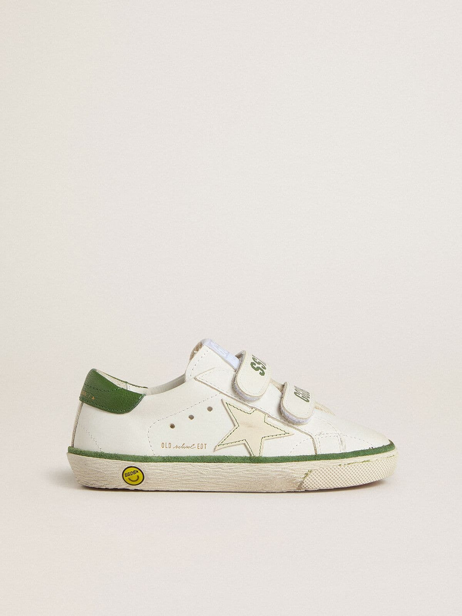 teen old school en piel blanca con refuerzo de talón de napa verde y plantilla verde