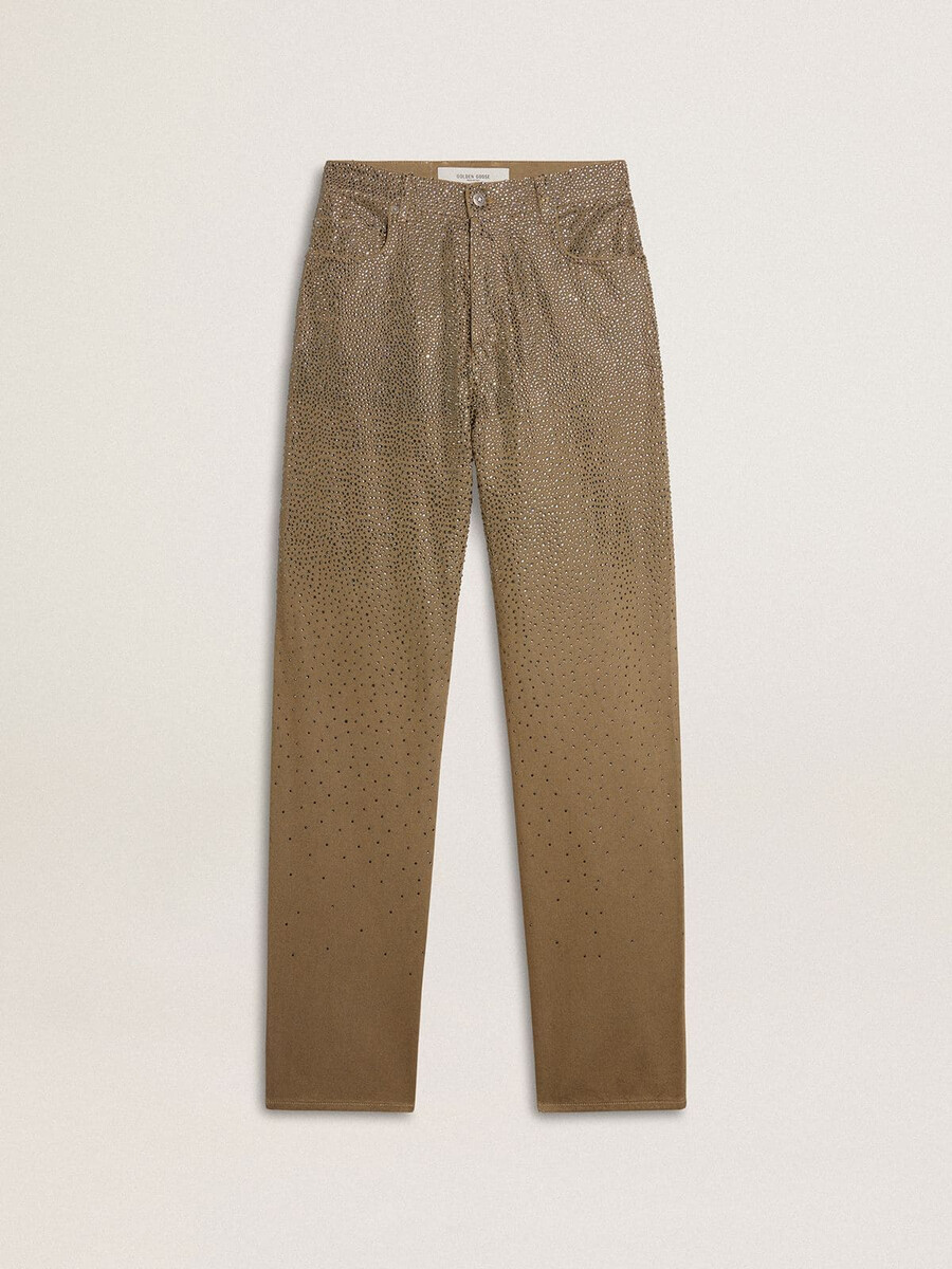 pantalón de mujer de algodón color caqui con efecto swarovski degradado