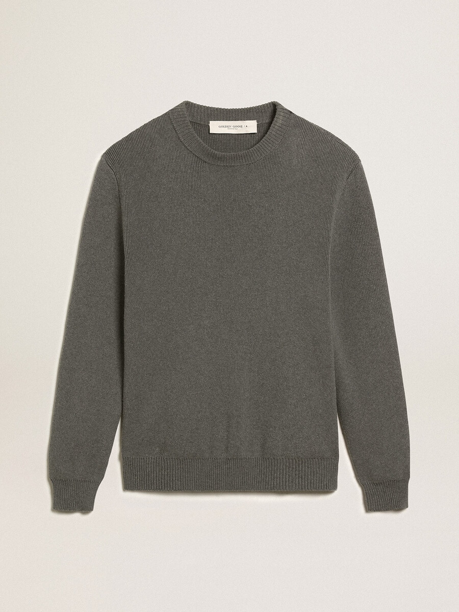 suéter de cuello redondo para hombre en algodón gris oscuro con logotipo en la espalda.