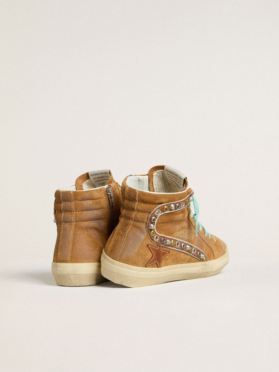 sandalias de mujer en ante color ocre con estrella de piel color tabaco