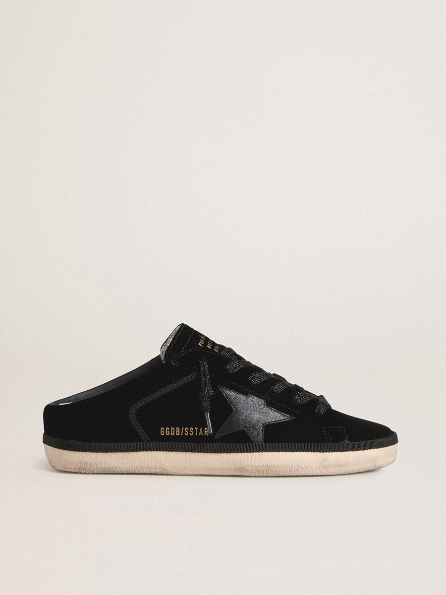 zuecos super-star para mujer en terciopelo negro con estrella de cuero negro con microbrillo
